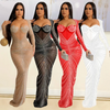 Women'S Sexy Elegant Mesh Rhinestone Long-Sleeved Maxi Party Dress