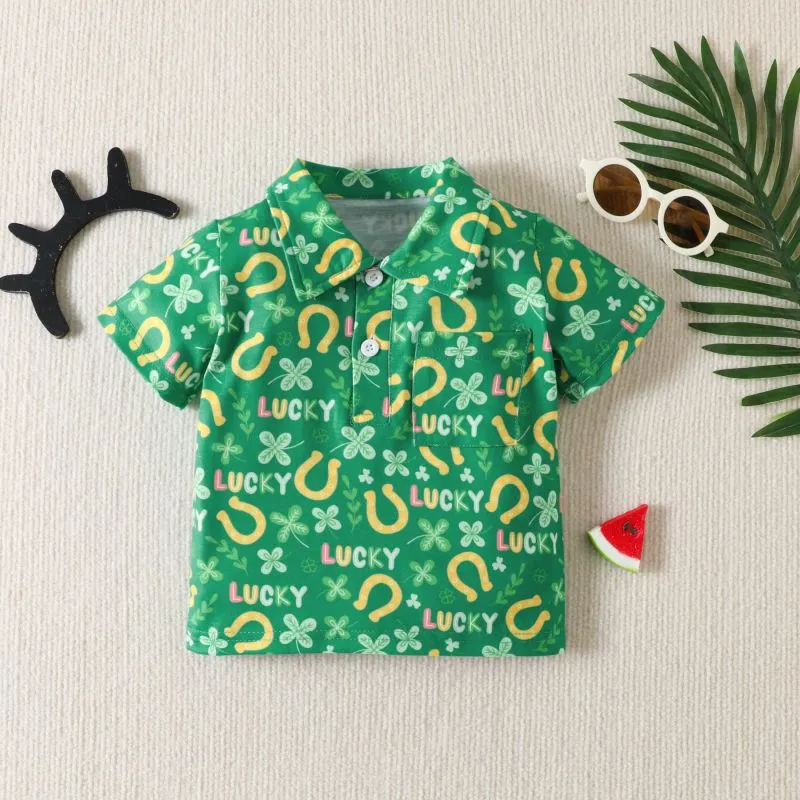 Children Kids Toddlers Fashion Boys St. Patrick Short Sleeve Clover Print Lapel Shirt