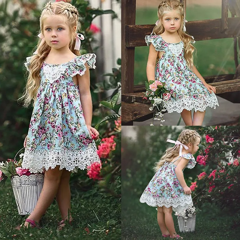 Children Kids Baby Fashion Girls Ruffle Sleeve Flower Print Princess Dress