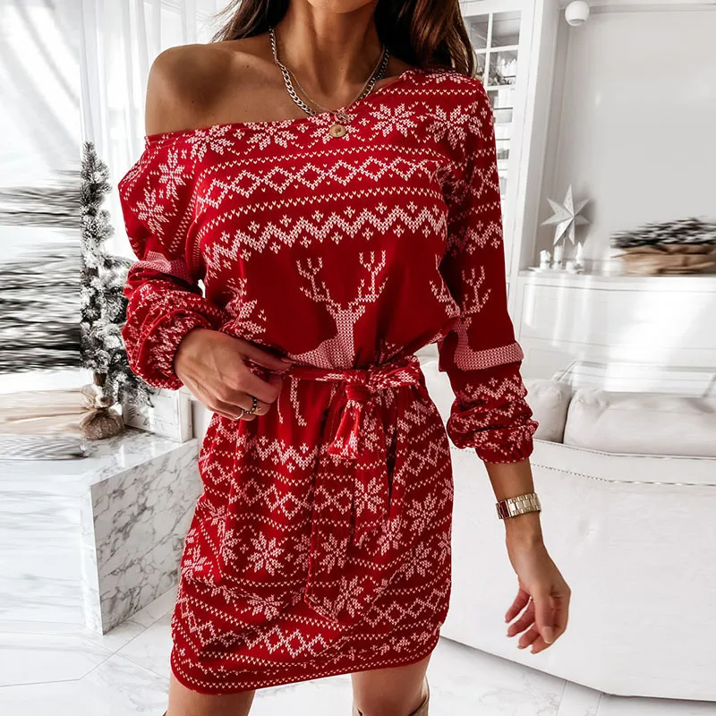 Winter Women Fashion Sexy Christmas Snowflake Elk Star Print Slant Shoulder Long Sleeve Dress