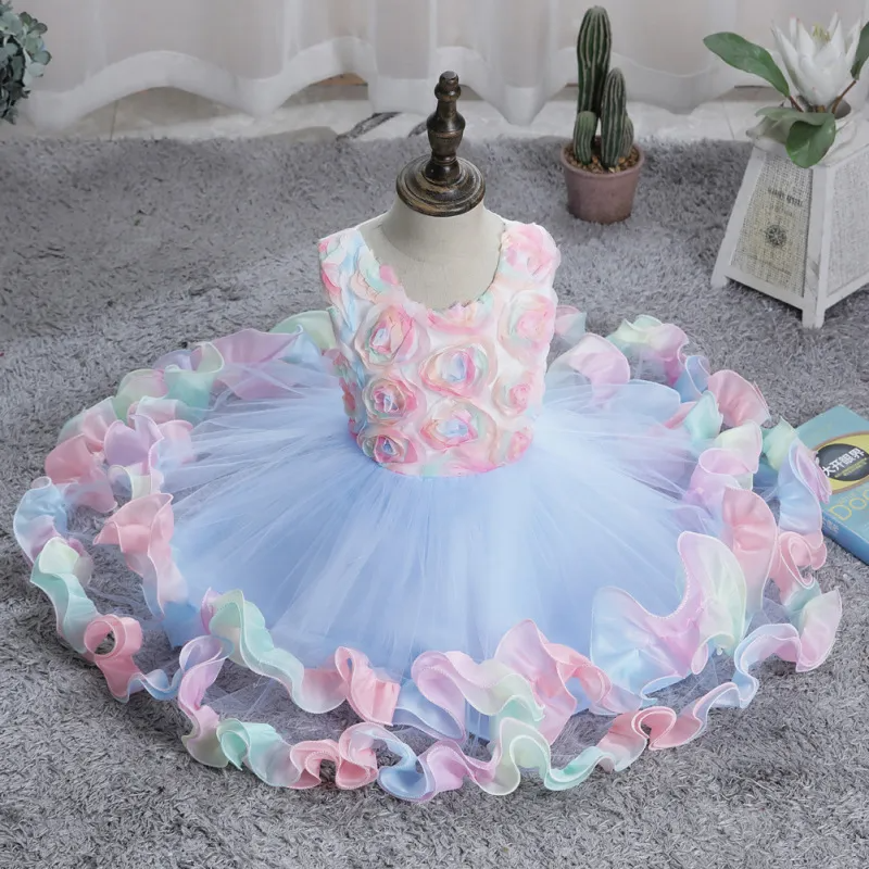 Kids Toddler Big Girls Fashion Party Cute Sweet Floral Flounced Pleated Sleeveless Mesh Party Tutu Dress