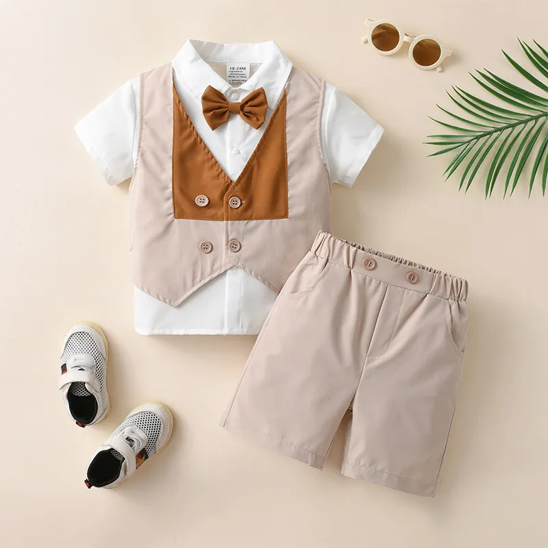 Kids Baby Boys Summer Fashion Casual British Style Waistcoat Shirt Shorts Boys Party Clothing Set