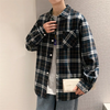 Men Fashion Colorblock Check Print Lapel Long Sleeve Loose Shirt