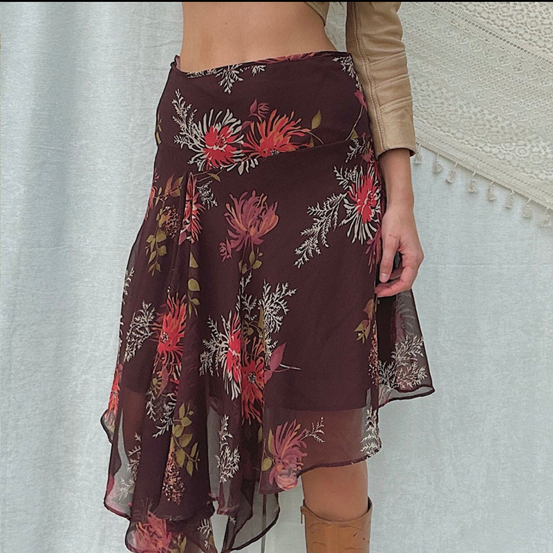 Women'S Retro Gothic Casual Floral Printing Mesh Irregular Skirt