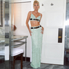 Women Fashion Sexy Belted Crop Camis And Maxi Skirt Glitter Set