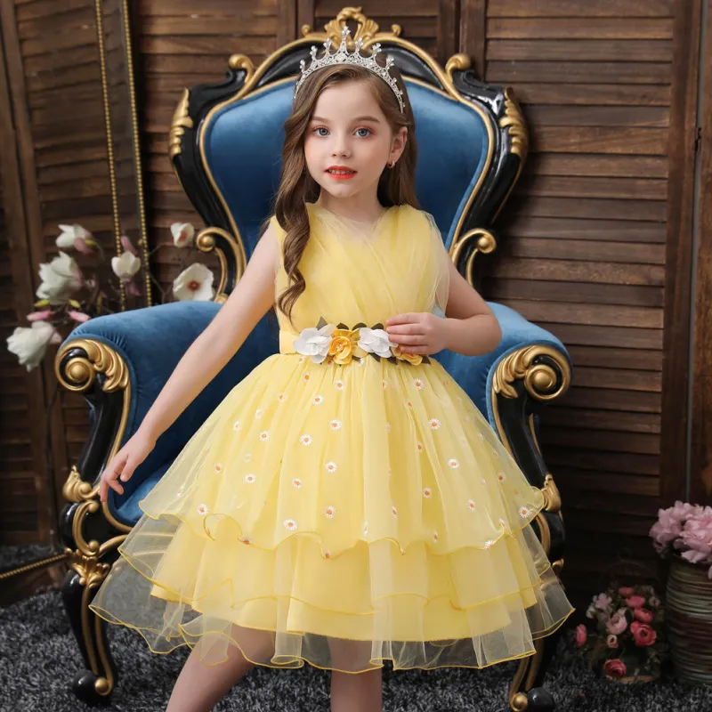 Kids Toddler Big Girls Fashion Party Cute Sweet Floral Solid Color Pleated Sleeveless Mesh Party Tutu Dress