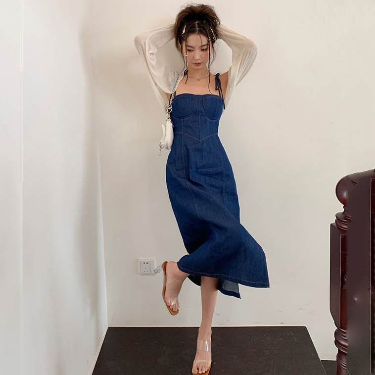 Women'S Sexy Edgy Slit Defined Waist Slip Denim Dress