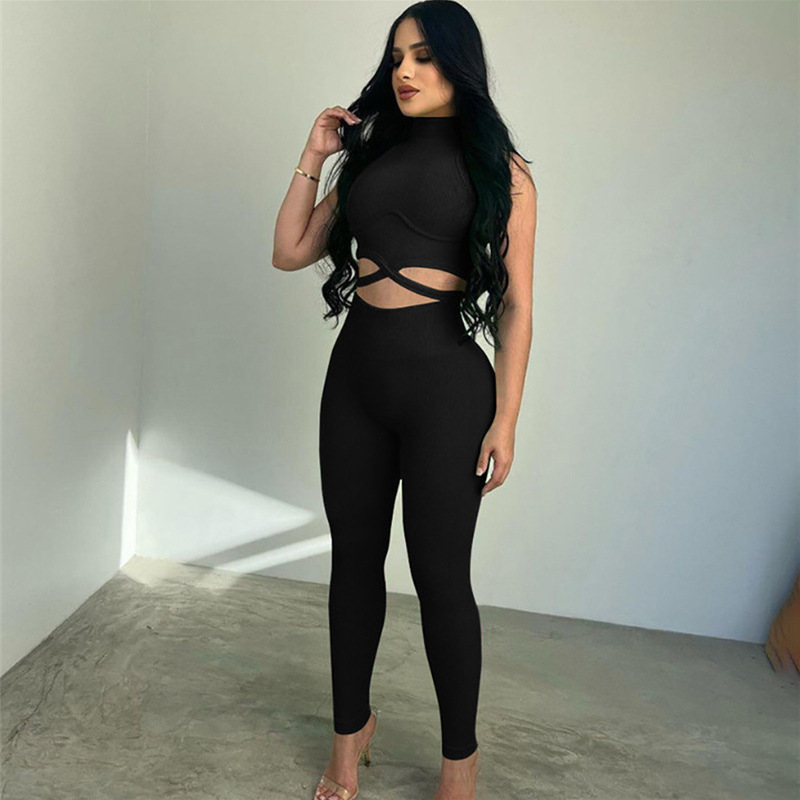 Women Fashion Sleeveless Crop Top And Skinny Pants Solid Sports Set SKU: T10383B982 Min.Order: 1