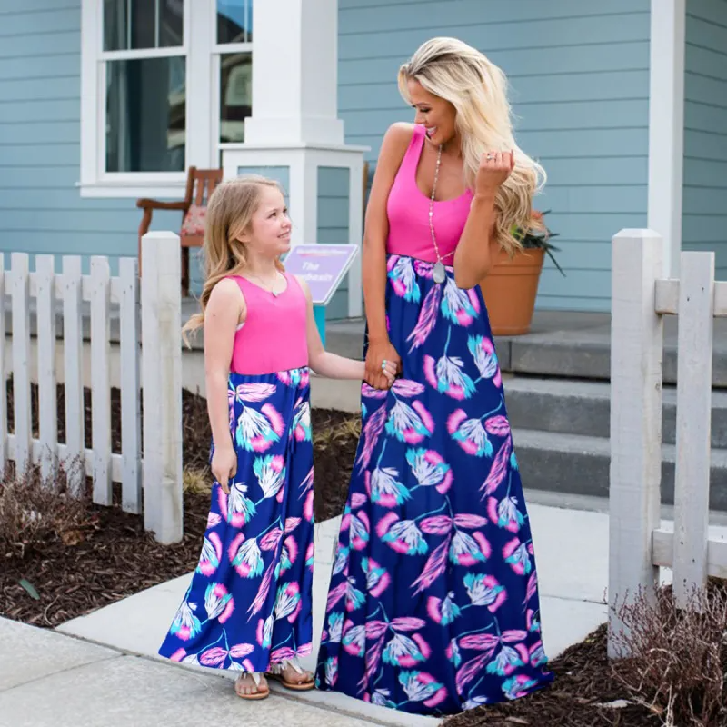 Fashion Summer Vacation Floral Printed Sleeveless Mother Daughter Maxi Dress