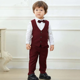 Kids Toddler Boys Party Clothing British Style Waistcoat Solid Color Long Sleeve Lapel Shirt Trousers Set