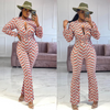 Women Hollow Waist Pleated Printed Flared Pants Jumpsuit