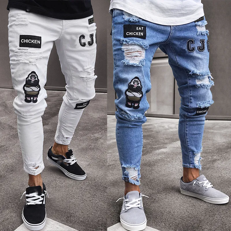 Men Fashion Casual Hip Hop Skinny Solid Color Badge Ripped Jeans