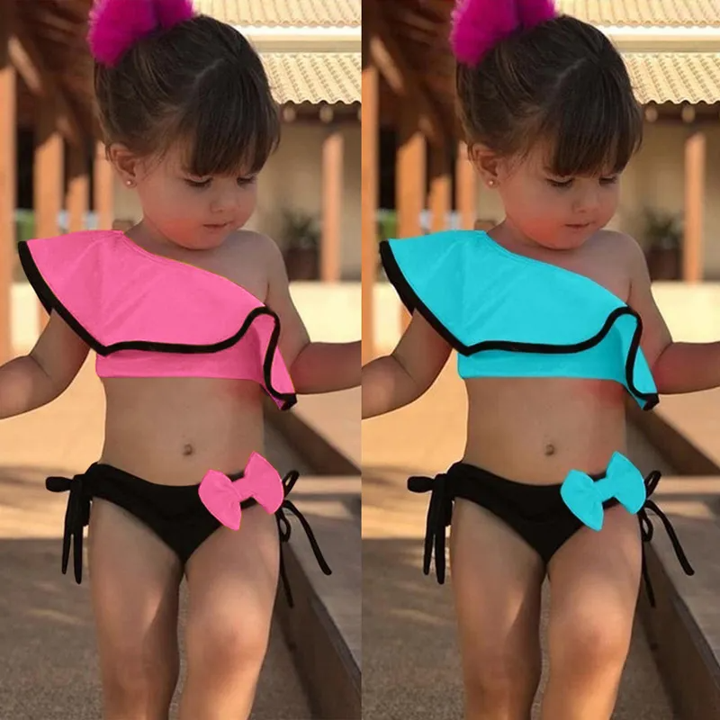 Children Kids Baby Fashion Girls One Shoulder Solid Color Bow 2pcs Set Swimsuit