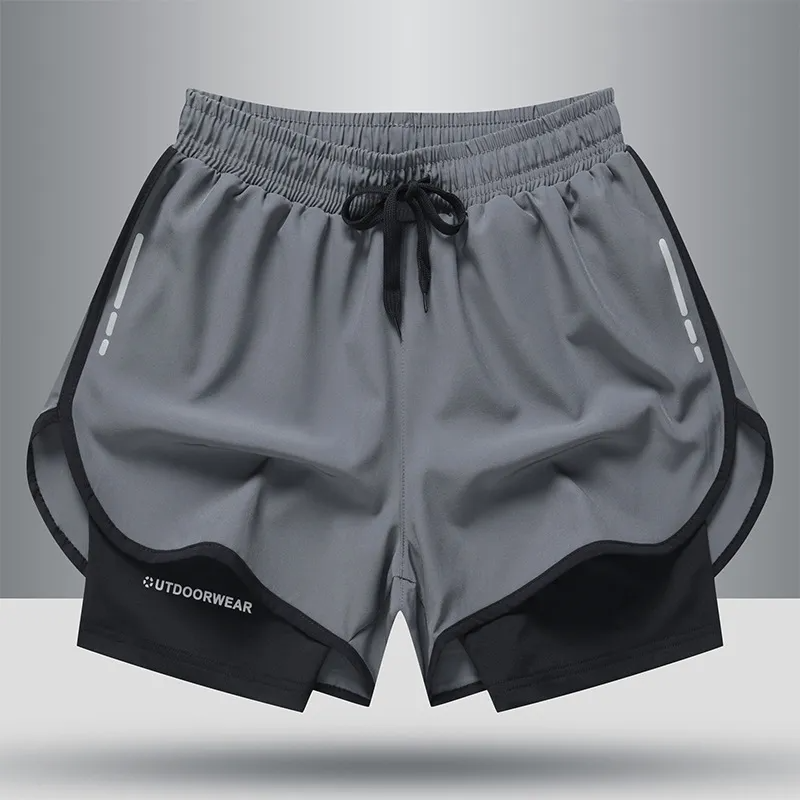 Men Fashion Quick-Drying Breathable Fake Two-Piece Tight Sports Shorts