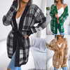 Women Fashion Plaid Strap Lantern Sleeve Casual Cardigan Sweater Coat