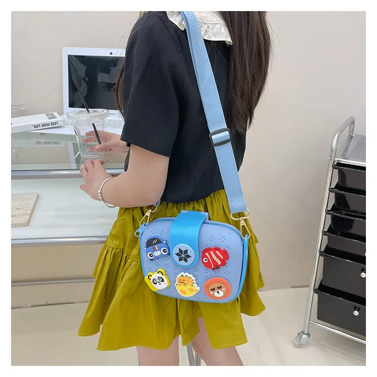 Kids Girls Fashion Sweet Candy Color Cartoon Bunny Fish Duck Dinosaur Flower Silicone Mini Square Handle Crossbody Bag