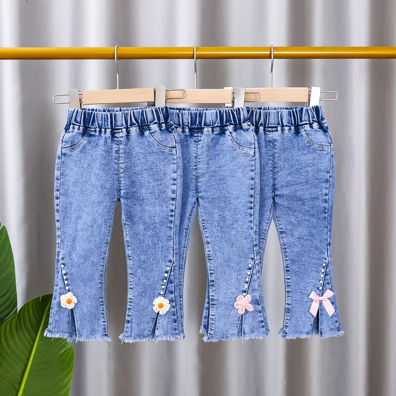 Children Kids Baby Fashion Girls Casual Basic Flower Thin Denim Pants