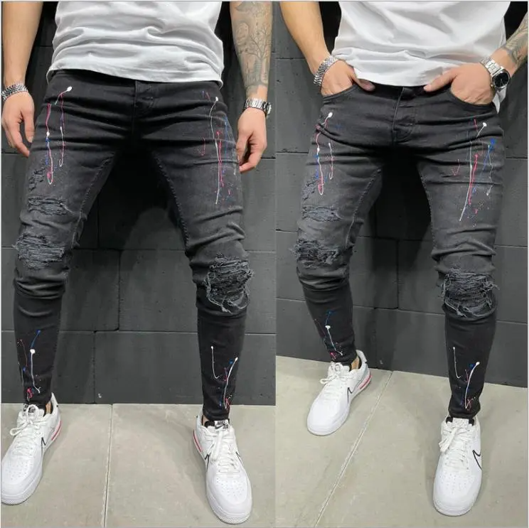 Men Fashion Ripped Paint Stretch Skinny Jeans