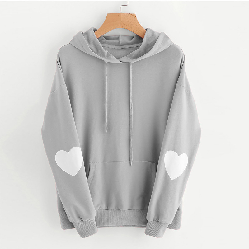 Women Casual Long Sleeve Sweet Heart Print Solid Color Hoodie