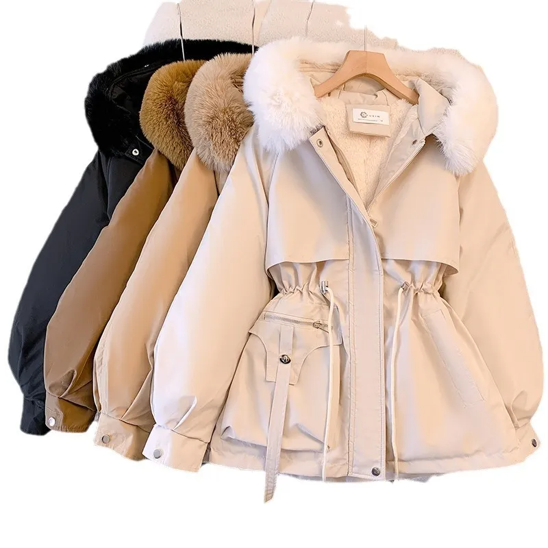 Parker Women Winter Down Cotton-Padded Jacket Fashion Fleece-Lined Thick Fur Collar Hooded One-Piece Coat