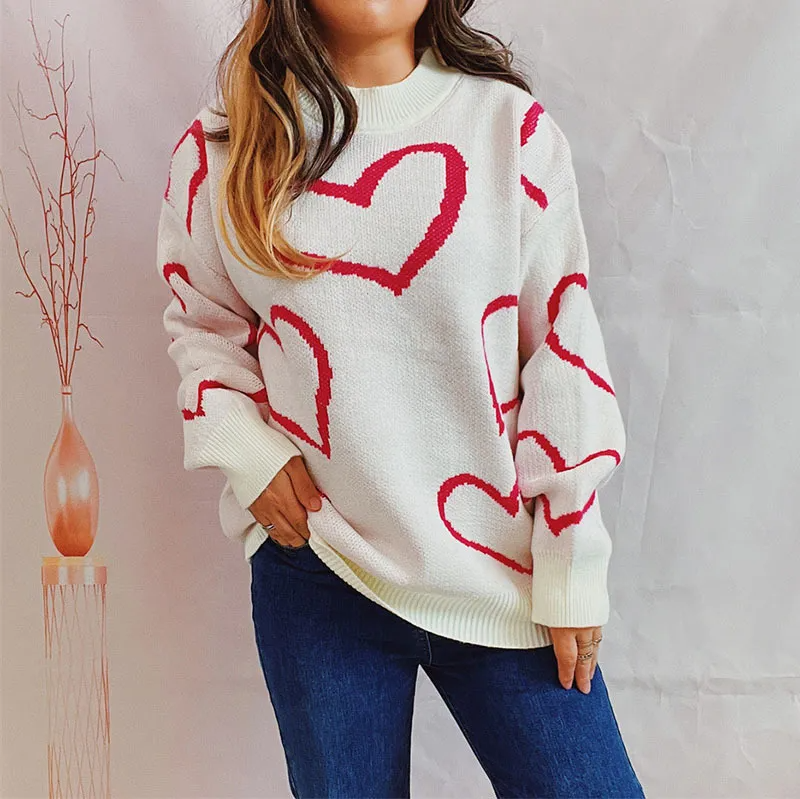 Winter Fashion Romantice Valentine Round Neck Heart Color Contrast Loose Jacquard Pullover Knitted Sweater