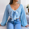 Women Fashion Bowknot V-Neck Lantern Sleeve Cropped Solid Knitted Sweater