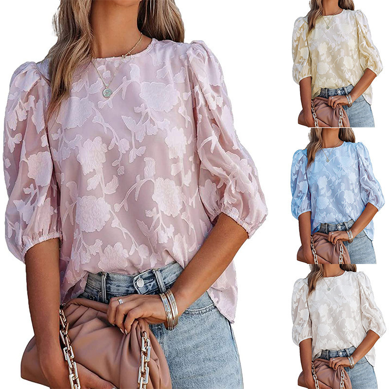 Women Summer Fashion Puff Sleeve Chiffon Floral Pattern Loose Blouse