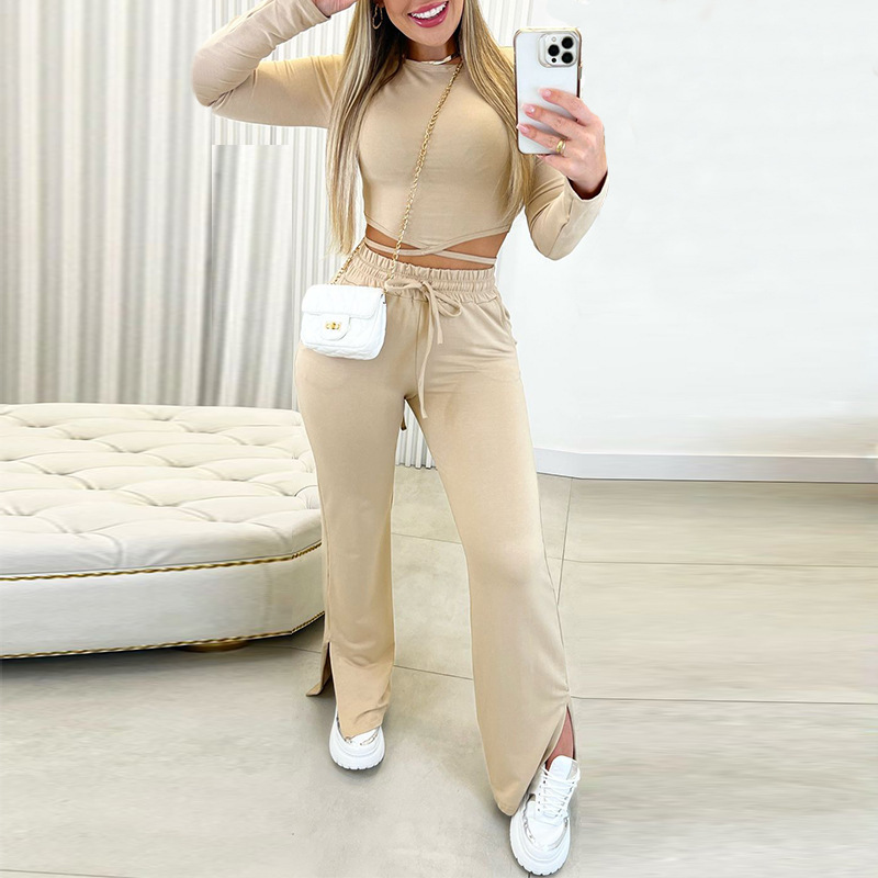 Women Fashion Casual Athleisure Solid Long-Sleeved T-Shirt Drawstring High Waist Slit Straight-Leg Pants Two-Piece Set