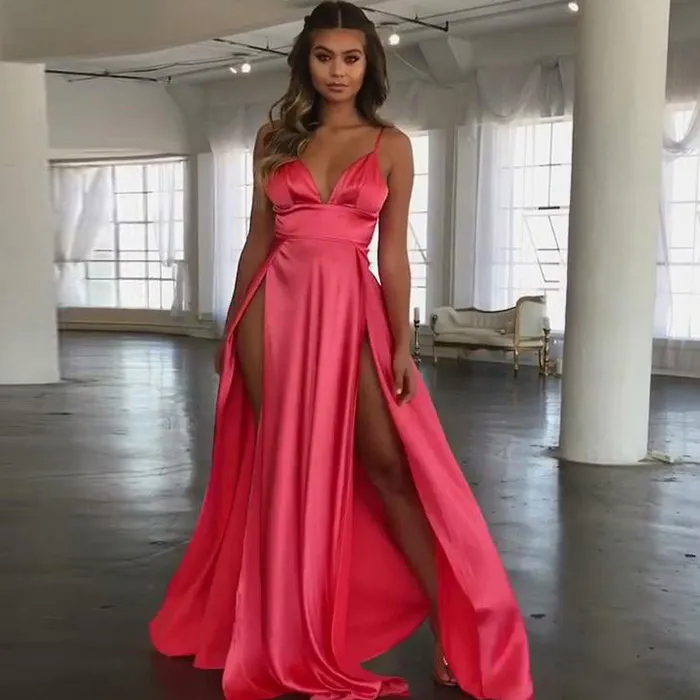 Sexy Women Elegant Solid Color Satin Spaghetti Strap Defined Waist Side-Slit Maxi Party Dress