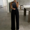 Women Sexy Elegant Cut Out Casual Sleeveless Rhinestone Wide Leg Jumpsuits