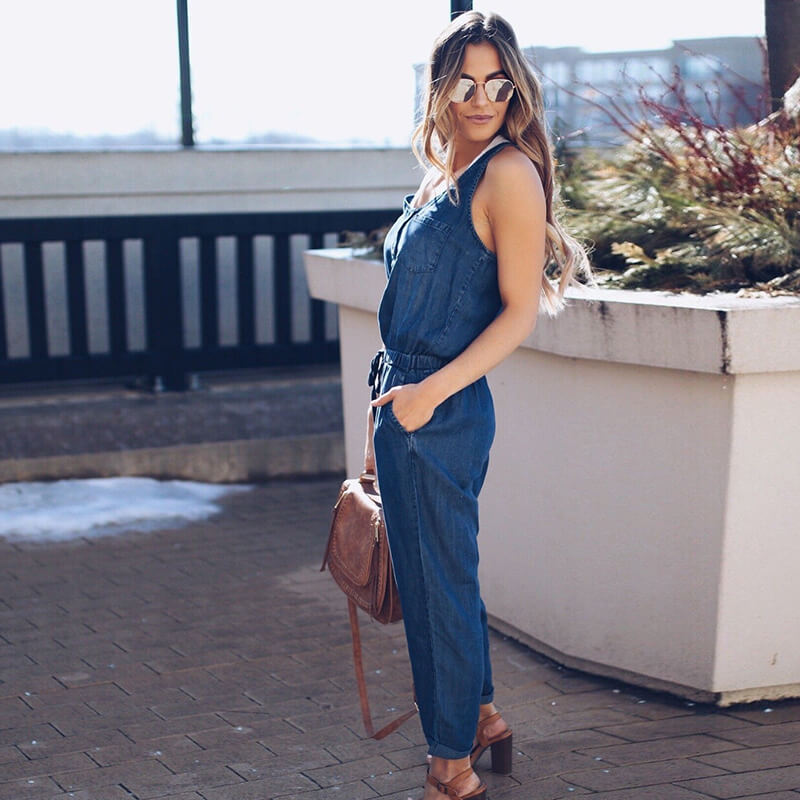 Women Casual Style Drawstring Sleeveless Denim Jumpsuits