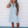 Women'S Fashion Casual Lace-Up V Neck Bandage Sleeveless Denim Dress