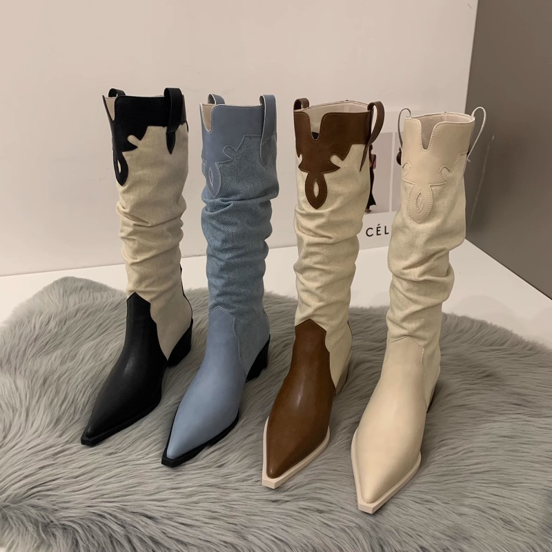 Women Fashion Retro Solid Color Pointed Toe Western Denim Heap Boots