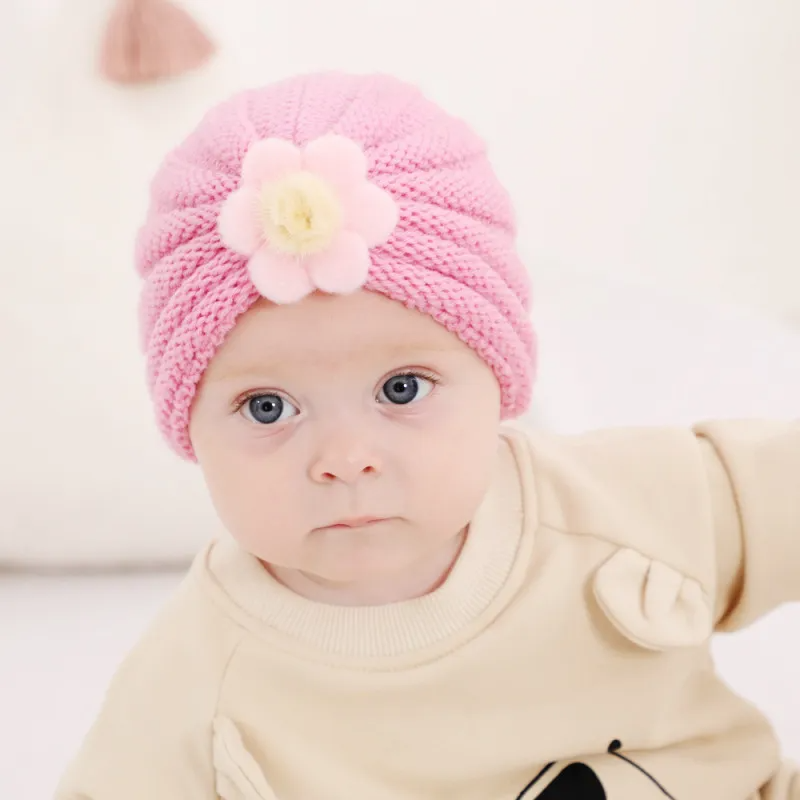 Kids Simple Solid Color Big Flower Warm Woolen Knitted Pullover Hat