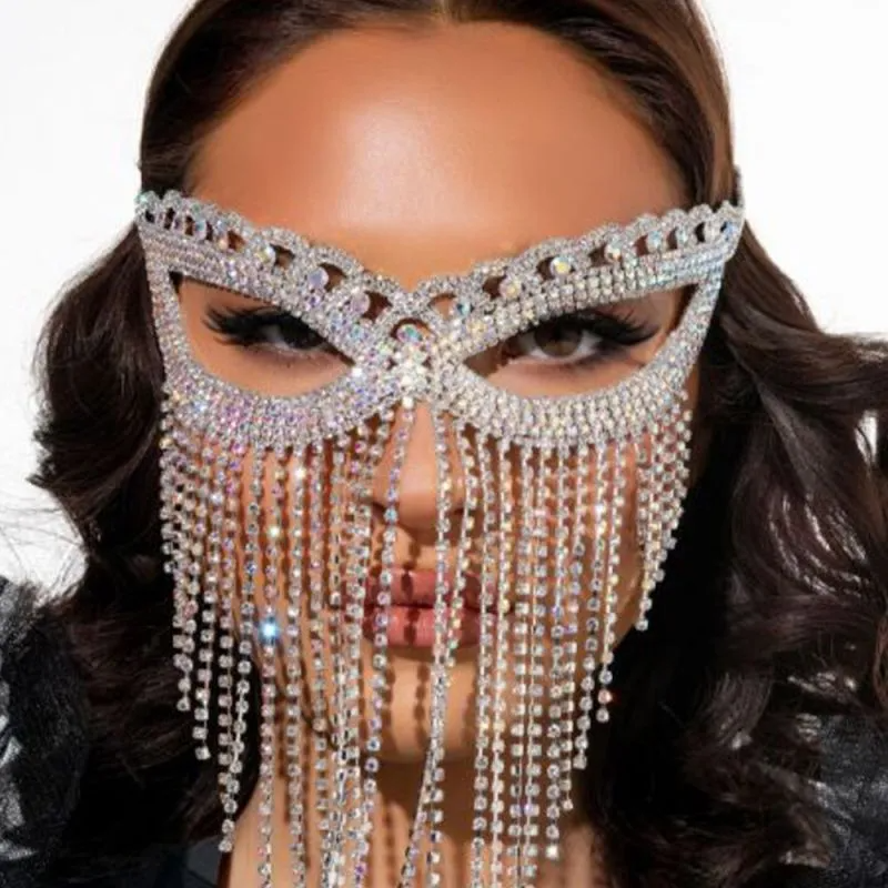 Sexy Long Tassel Evening Party Shiny Face Rhinestone Mask