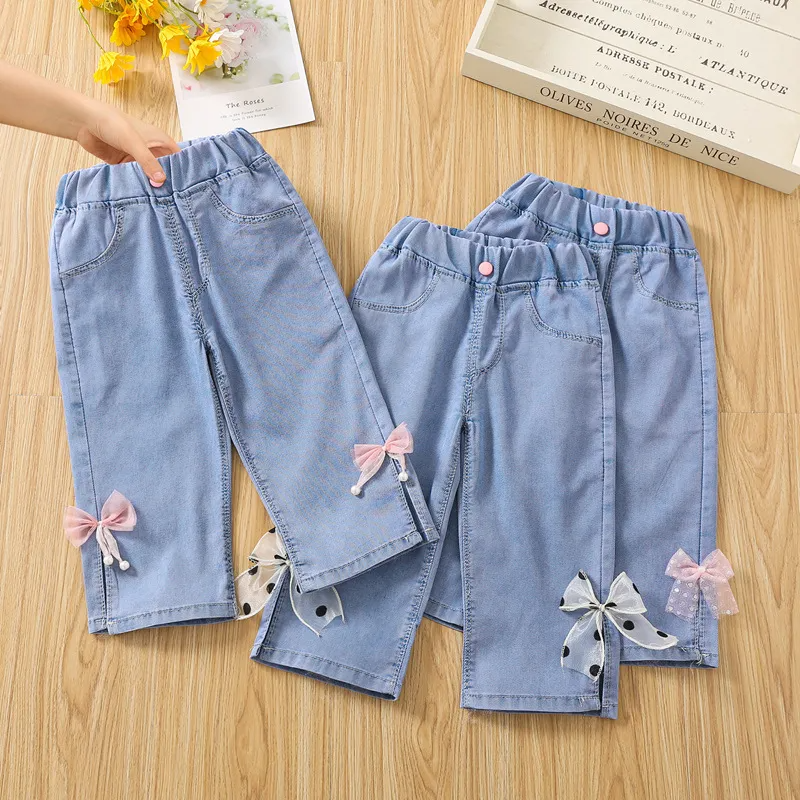 Children Kids Baby Fashion Girls Casual Basic Bow Thin Denim Pants