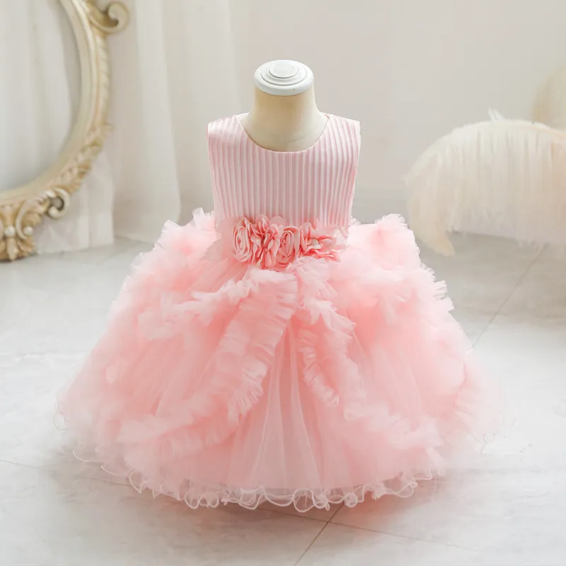 (Buy 1 Get 1) Kids Baby Girls Summer Fashion Party Cute Sweet Solid Color Floral Pleated Sleeveless Mesh Party Tutu Dress