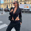 Women Fashion Street Style Solid Color Long Sleeve Sexy Backless V Neck Blazer Bodysuit