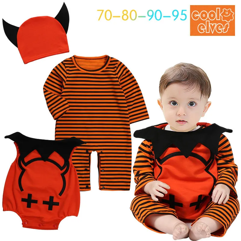 Kids Baby Girls Boys Autumn Winter Fashion Casual Cute Halloween Stripe Pumpkin Pattern Romper Set