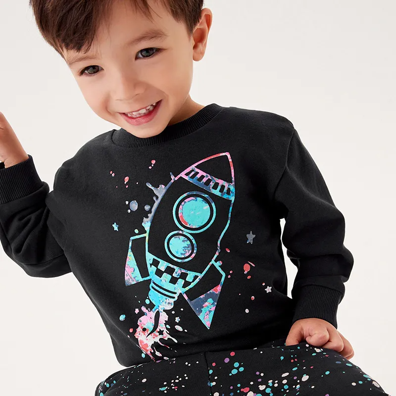 Children Kids Baby Fashion Boys Long Sleeve Cartoon Rocket Print Round Neck Pullover Sweatshirt