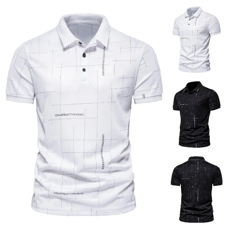 Men Fashion Casual Plaid Letter Print Lapel Short Sleeve Loose Polo Shirt