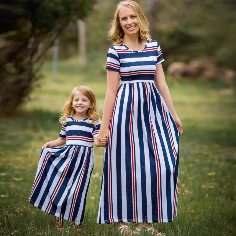 Fashion Striped Mother-Daughter Casual Short Sleeve Family Matching Maxi Dress