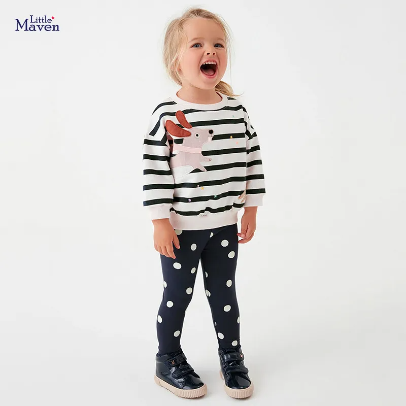 Kids Toddler Big Girls Spring Autumn Fashion Casual Stripe Cartoon Puppy Round Neck Long Sleeve Polka Dot Trousers Set