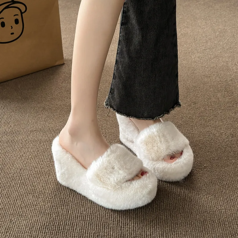 Autumn Winter Women Fashion Plush Warm Wedge Heel Home Slippers