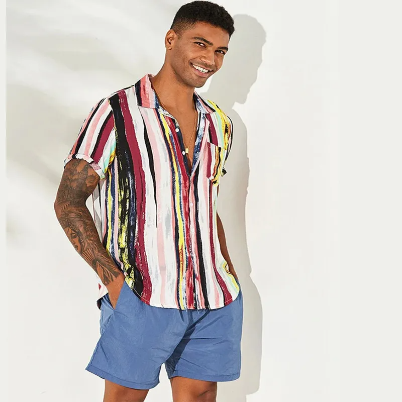 Men Fashion Casual Multicolor Stripe Print Short Sleeve Lapel Shirt