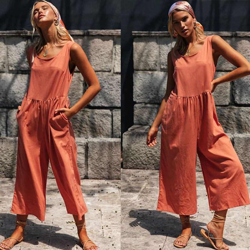 Women Round Collar Solid Color Sleeveless Loose Jumpsuits