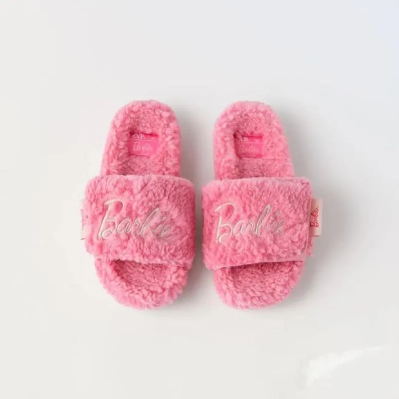 Women Fashion Cute Pink Letter Thick-Soled Lamb Wool Slippers