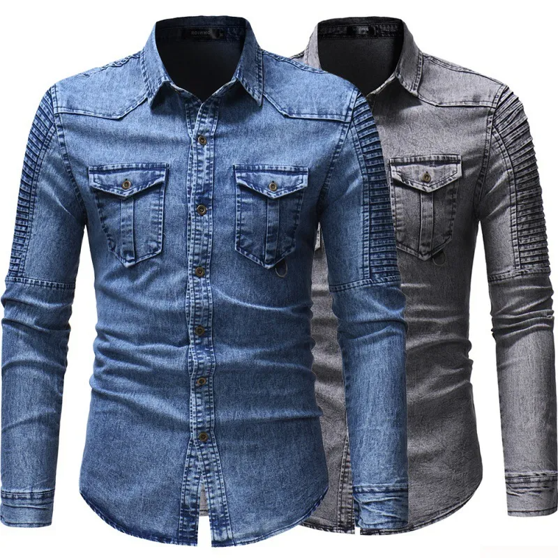 Men Fashion Pleated Stitching Sleeves Denim Shirt