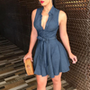 Women Lapel Single-Breasted Sleeveless Lace-Up Denim Dress