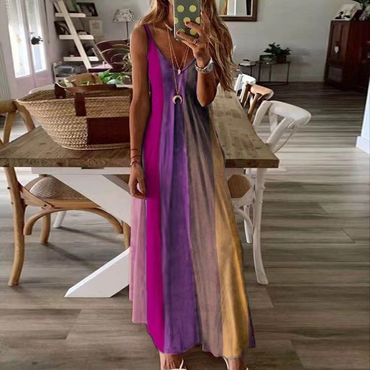 Women'S Fashion Boho Gradient Rainbow Color Printed Slip Casual Maxi Dress